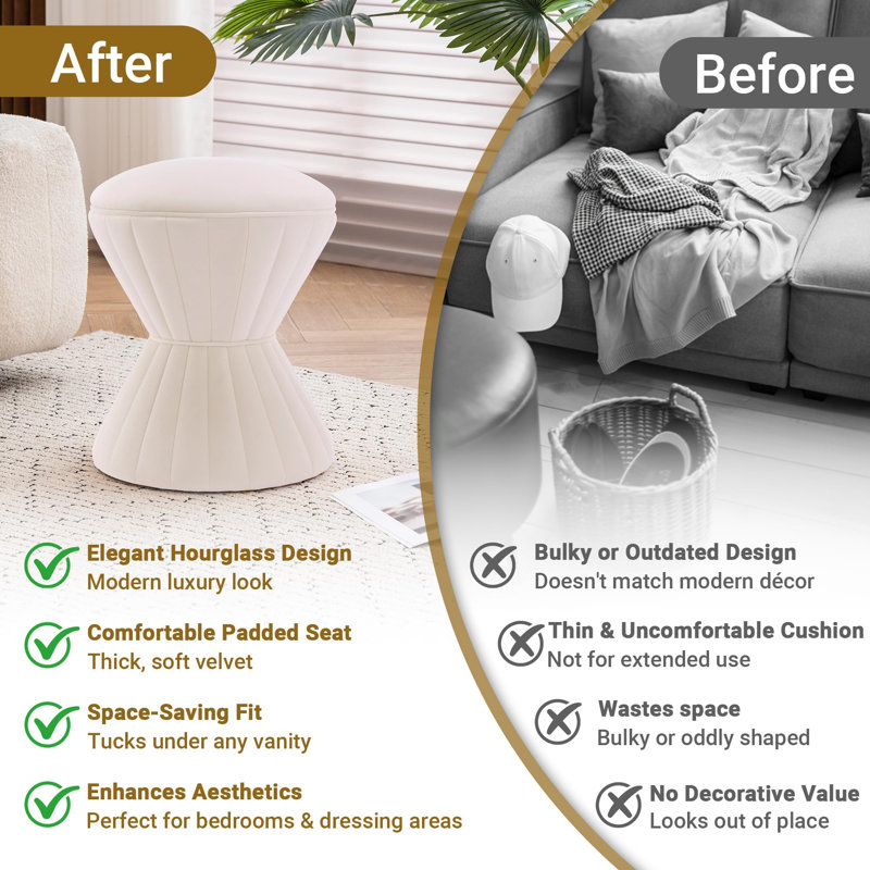  Konsta Tufted Accent Stool Vanity Ottoman, Beige