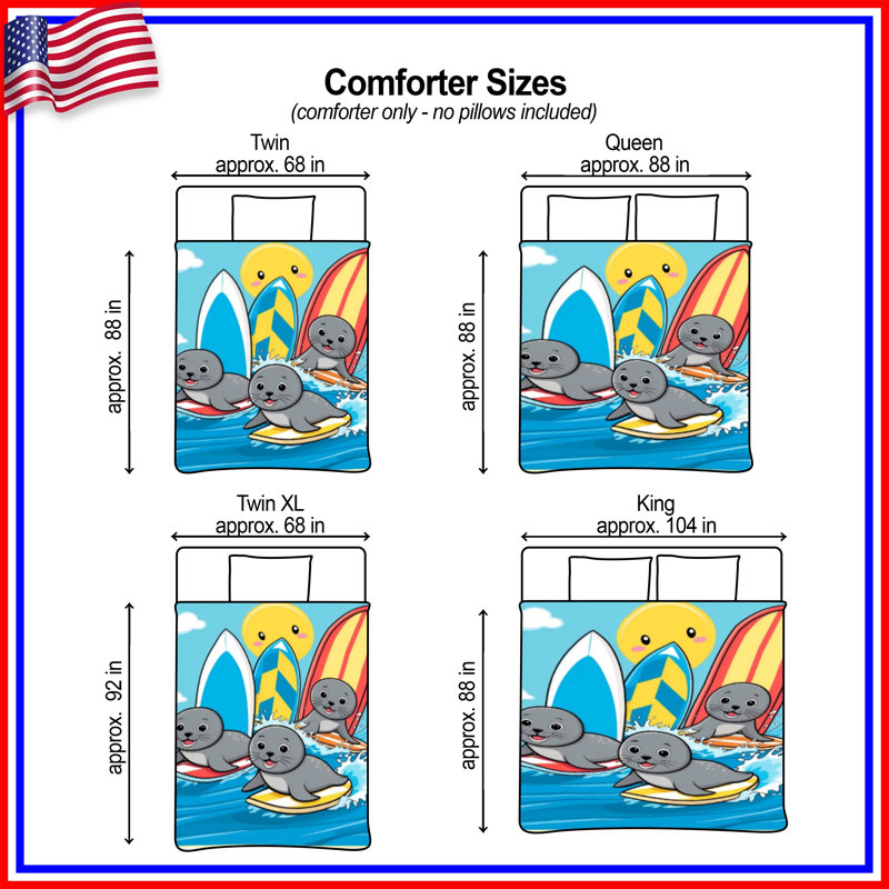 Seals Surfing Illustration Comforter, Queen