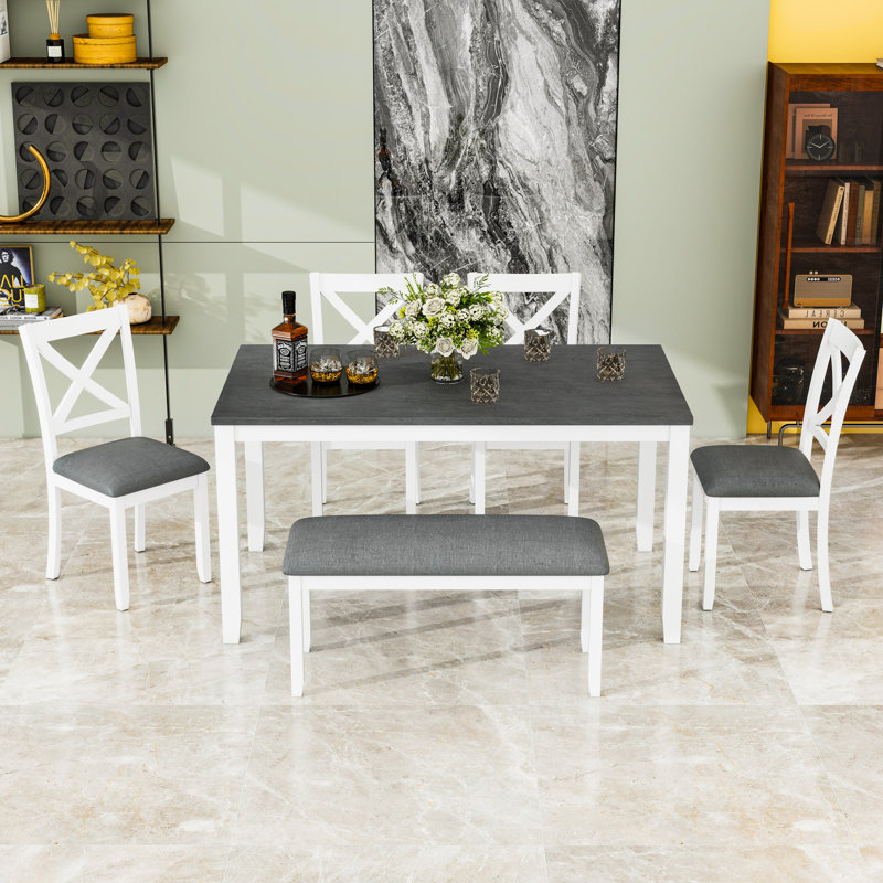 Ensemble de table de salle à manger en bois avec banc, Gris / Blanc