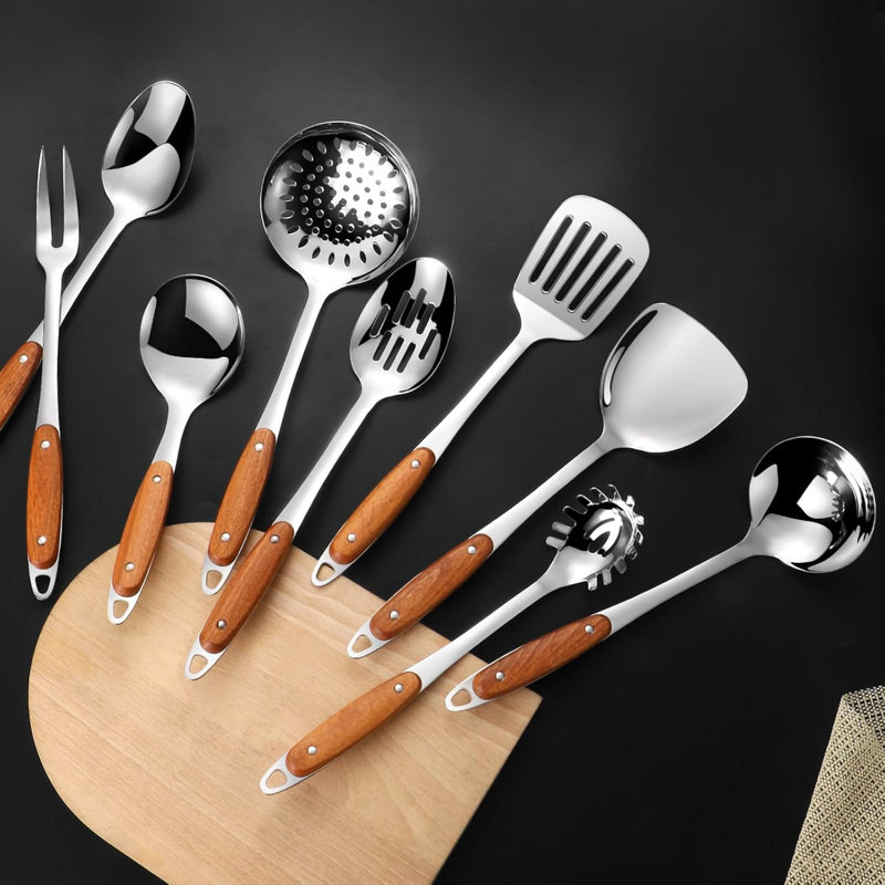 Ensemble d'ustensiles de cuisine argentés avec manche en bois, ensemble de 9 ustensiles de cuisine en acier inoxydable