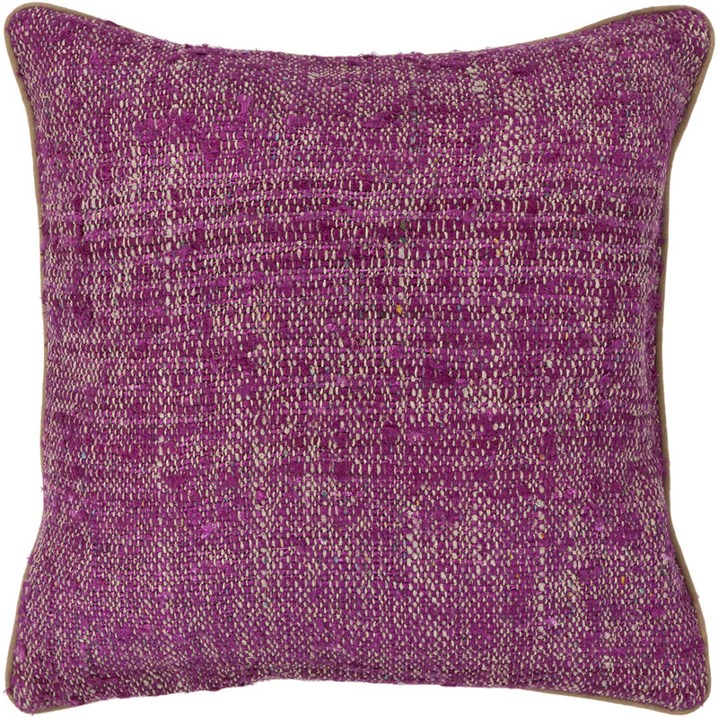 Jute & Wool Blend Removable Cover Pillow Throw Authentic Handmade Square Polyester Fill Purple & Khaki Non-Reversible Textured Weave With Khaki Brown Cotton Backing