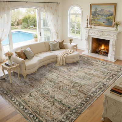 Tapis 274 x 366 cm pour salon, grand tapis vintage lavable, doux, à poils courts, antidérapant, effet vieilli, idéal pour chambre, salle à manger, chambre d'enfant ou bureau, brun