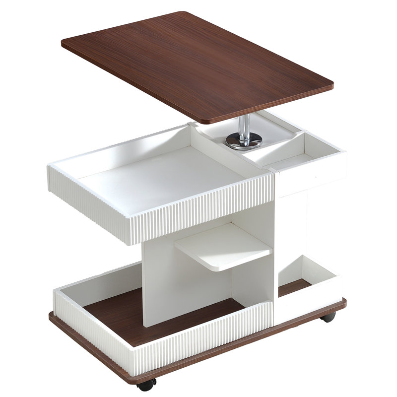29.5"L Modern End Table With Lockable Swivel Wheels, Multifunctional Side Table With 360°Rotating Lift-Top, Industrial Accent Table With Storage Space For Living Room, White