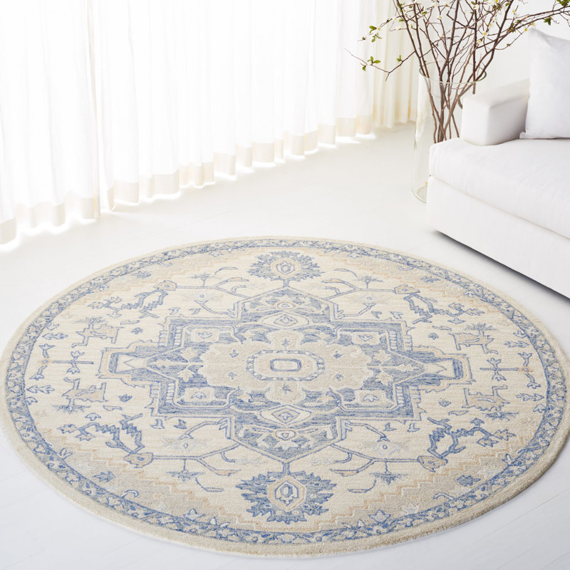 Tapis ivoire / bleu en laine / coton touffeté à la main Lauren Ralph Lauren, Rond 7 pi