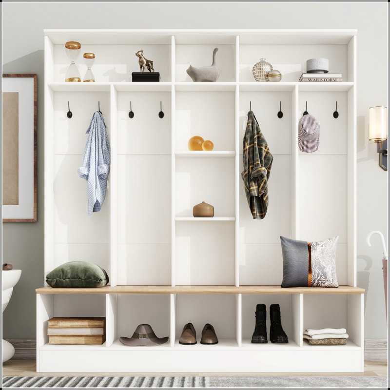 Wide Design Hall Tree with Storage Bench, Minimalist Shoe Cabinet with Cube Storage & Shelves, Multifunctional Coat Rack with 8 Hooks