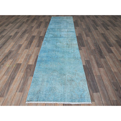 2'5"x9'10" Aqua Blue, Overdyed Vintage Persian Tabriz, Worn and Distressed, Sides and Ends Professionally Secured, Sheared Low, Hand Knotted, 100% Wool, Fragment, Narrow Runner, Oriental Rug