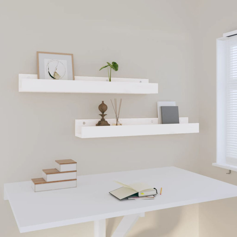 Wall Shelves 2 Pcs Solid Wood Pine, White, 9cm H x 80cm W x 12cm D