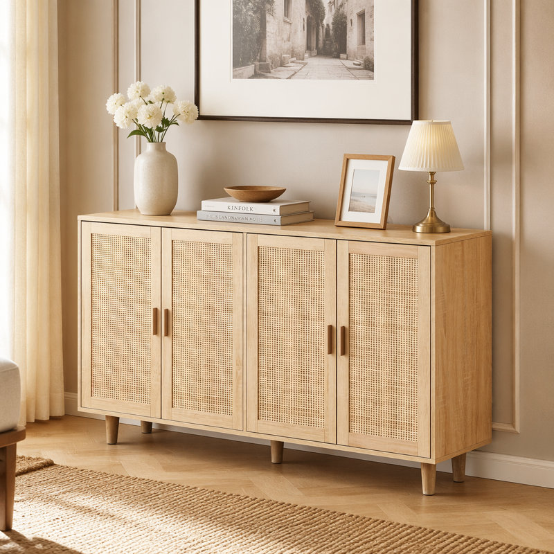 Élégante armoire de rangement en rotin à 4 portes pour une organisation facile et un décor moderne, avec un assemblage simple