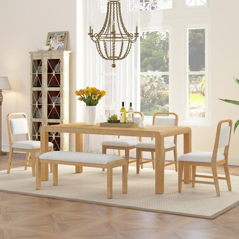 Table de cuisine extensible rétro avec 4 sièges et banc rembourrés, finition naturelle, plateau de table extensible, sièges confortables pour un repas détendu de style rétro, chaises à pieds courbés, deux couleurs