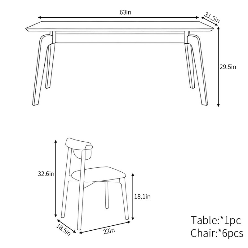 Modern light luxury rectangular dining table set, 29.5"H x 63"L x 31.5"W