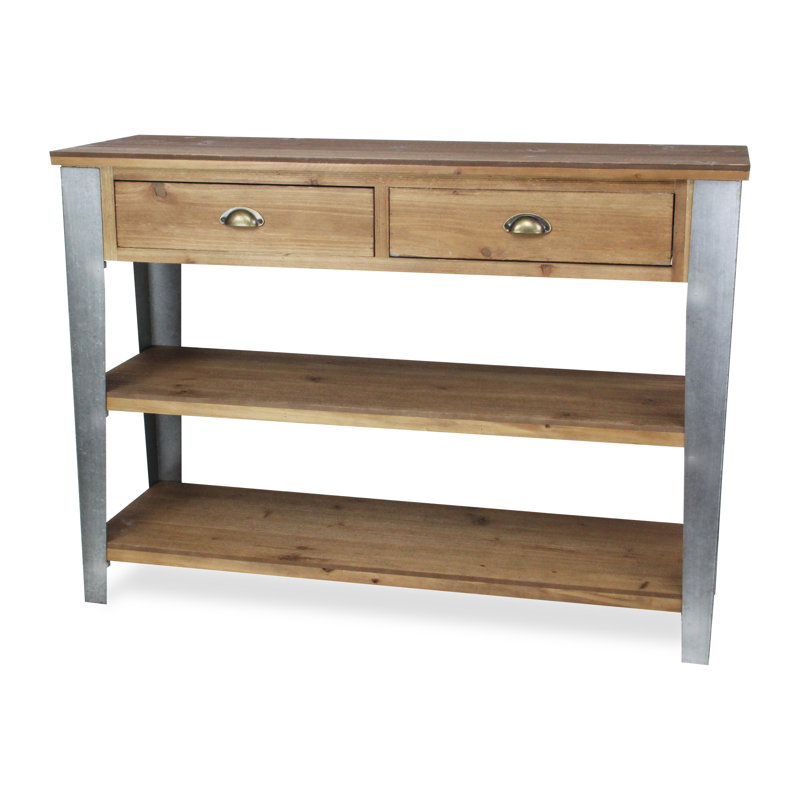 Temba Rustic Wood and Metal Console Table, 2 Drawers and 2 Shelves, Farmhouse Style with Steel Legs