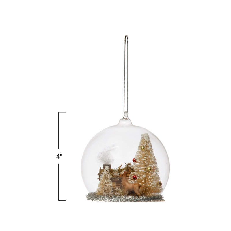 Ornement cloche avec chalet, arbre et boule de cerf