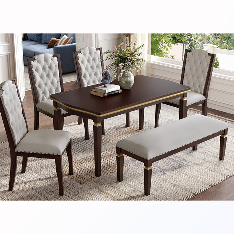 Ensemble de table de salle à manger 6 pièces avec 4 chaises capitonnées et 1 banc, Espresso, Espresso, Espresso&Beige