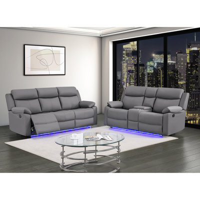 Fauteuil inclinable gris avec console, lumières à DEL, haut-parleurs et inclinaison manuelle, deux porte-gobelets avec accoudoirs coussinés intégrés pour plus de confort, siège semi-ferme, système audio intégré, contemporain