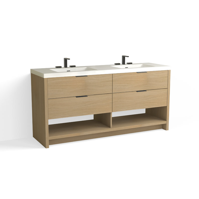 Vue 72" W Freestanding Double Bathroom Vanity, Biondo, Polished Nickel, Matte White/8" Widespread