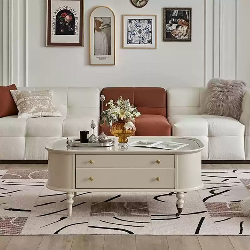 Cream white roller coffee table, 18.89" H x 51.18" L x 27.55" W
