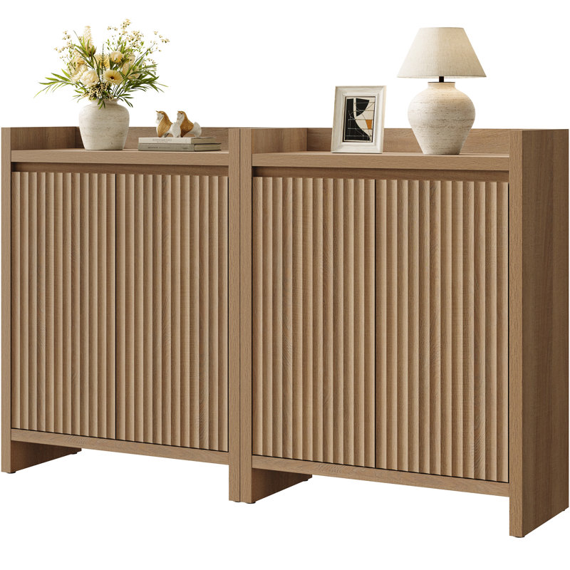 Bethlehem 30 Pair Fluted Shoe Storage Cabinet With 2 Doors And Adjustable Shelves, Caramel Oak, 2