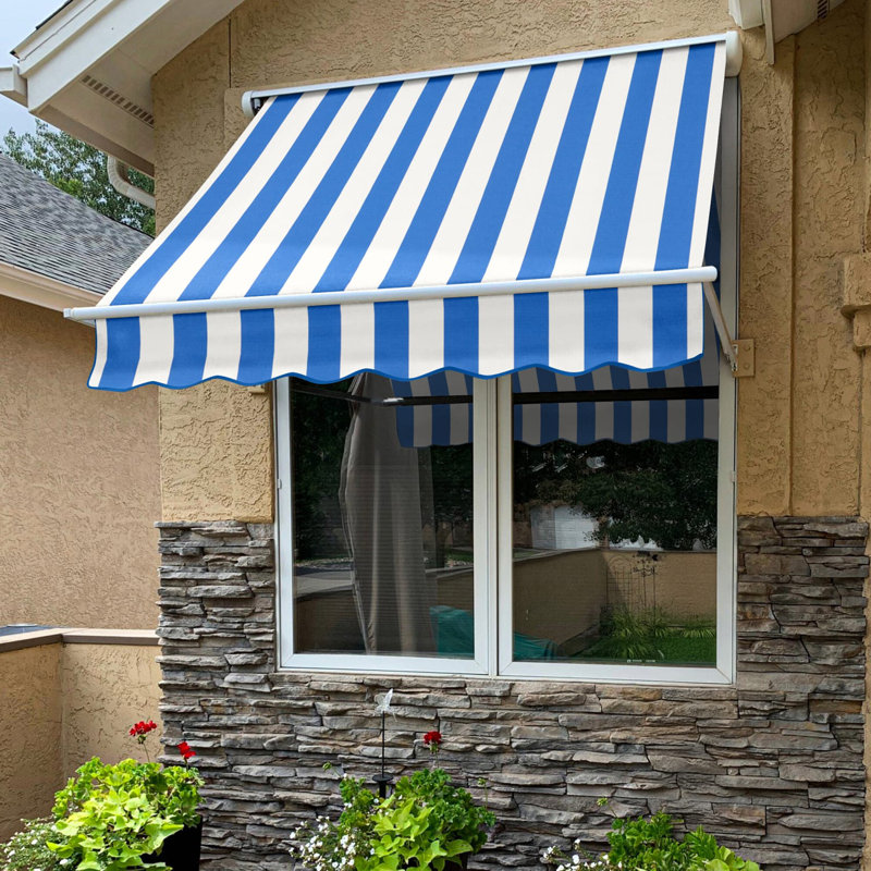 Awntech Mesa Window Retractable Awning, 24" H x 64" W x 24" D, Bright Blue/White Stripe