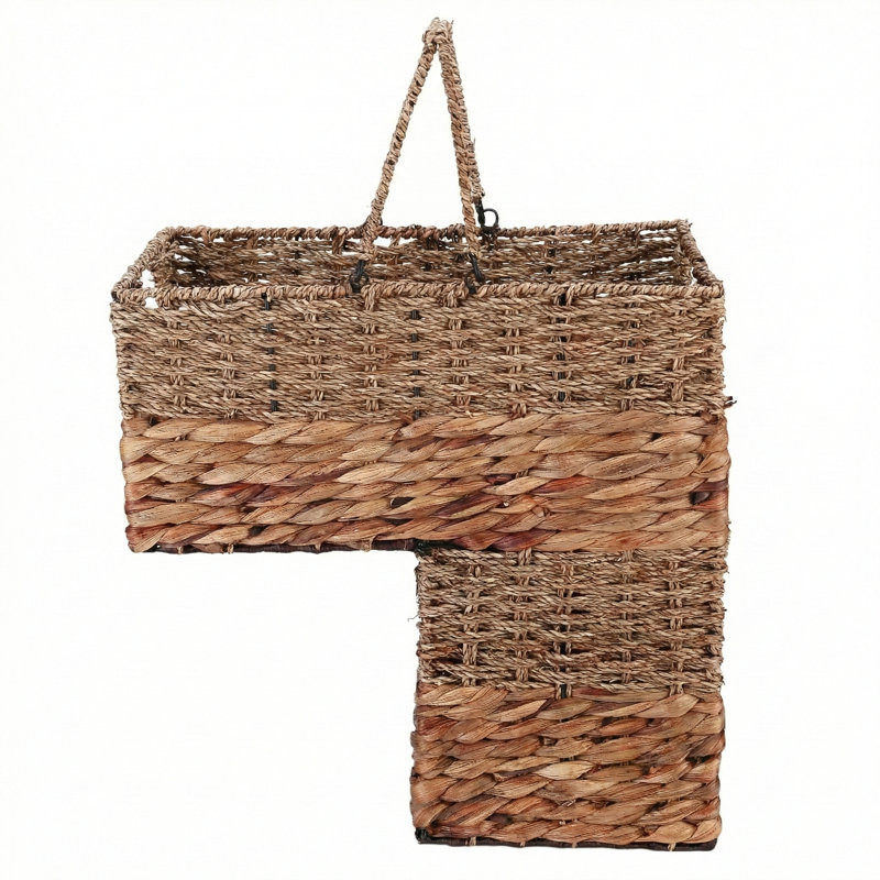 L-Shaped Stair Basket with Carry Handles, Handwoven Seagrass & Water Hyacinth Stair-Step Organizer with Reinforced Metal Frame, 16.1" H x 16.1" L x 10" W