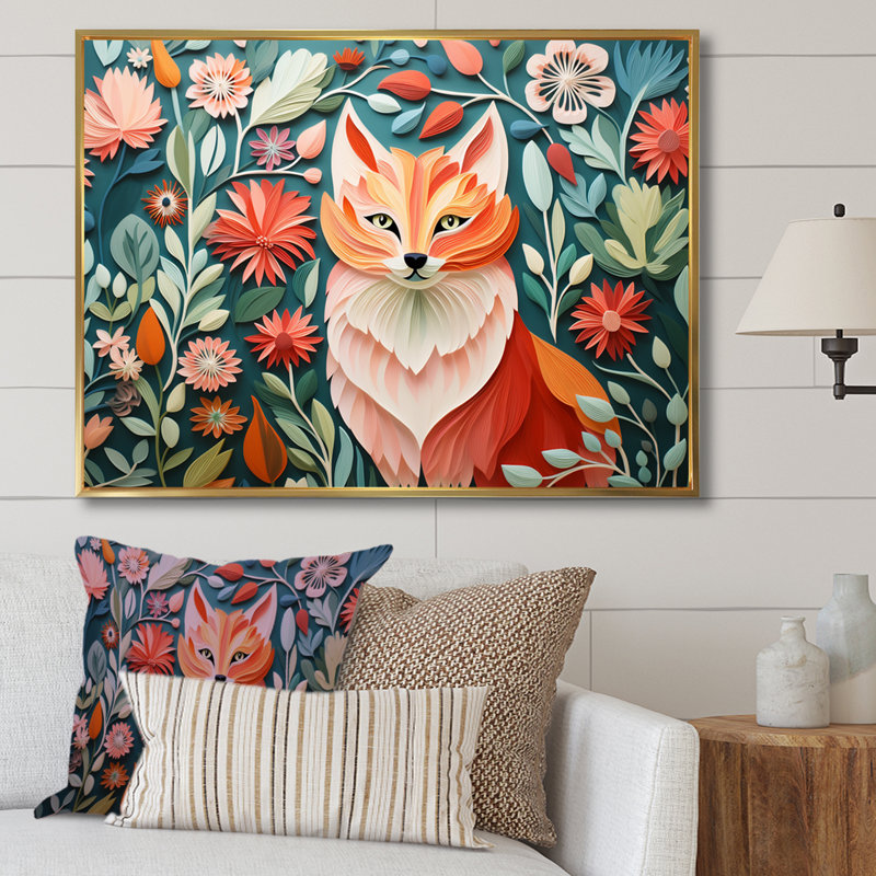 Art mural orange et renard orange dans un matelas II - renard, Cadre flottant doré, H 24 po x l 32 po x P 1 po