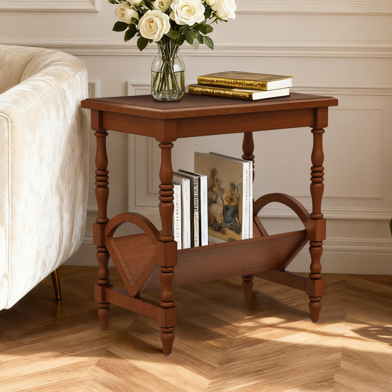 Vintage End Table with Magazine Rack - Birch Veneer & Rubberwood Legs, Cherry