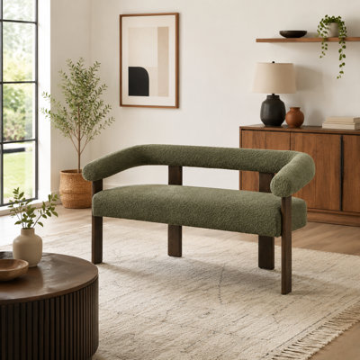 Canapé deux places incurvé avec accoudoirs arrondis, en tissu bouclé vert et marron, 135,3 cm (53,25 po), structure en bois d'hévéa