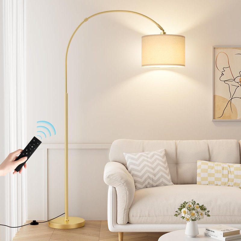 Lampe sur pied à arc à intensité variable avec télécommande, lampe de lecture arquée avec tête rotative, température de couleur et luminosité réglables, sur le canapé (beige foncé et or)