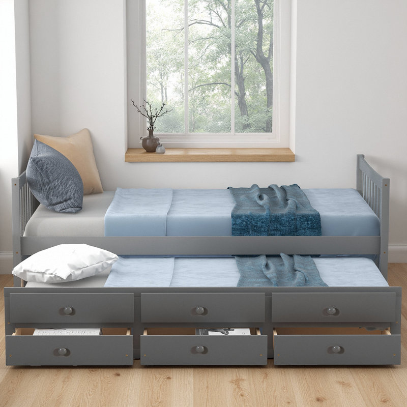 Lit plateforme élégant avec lit gigogne et 3 tiroirs Elegant, Gris