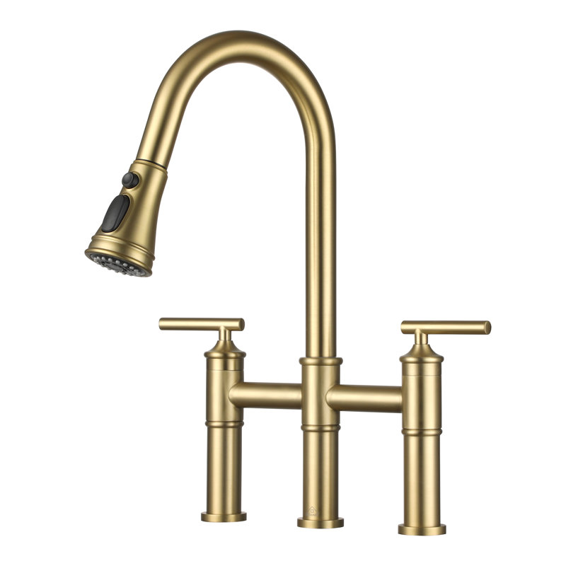 Sleek 2-Handle Bridge Kitchen Faucet with Three Function Pull-Down Sprayhead 1.8 GPM, Gold