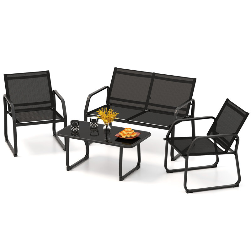 Ensemble de conversation pour patio 4 pièces avec siège en tissu en verre trempé respirant
