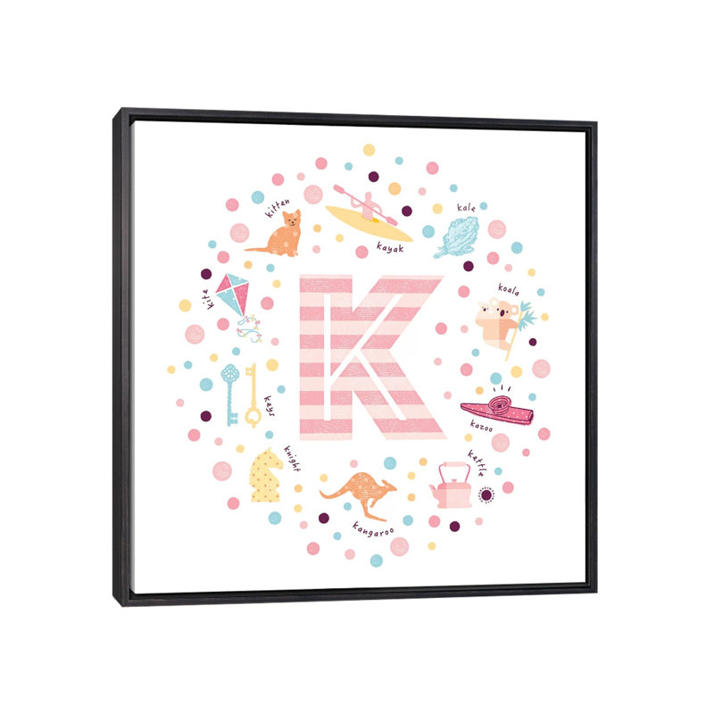 Lettre illustrée K rose - impression, Pas de tapis, H 26 po x l 26 po x P 1,5 po, Toile avec cadre noir patiné