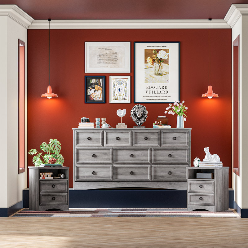 3 Piece Bedroom Set - 10 Drawer Dresser And Two 2 Drawer Nightstands,gray  Wash