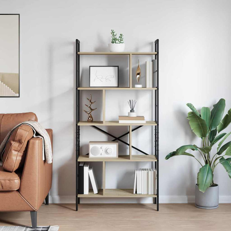 75cm W Steel Etagere Bookcase, Sonoma Oak, (5 Shelves) 156cm. H x 75cm. W x 30cm. D