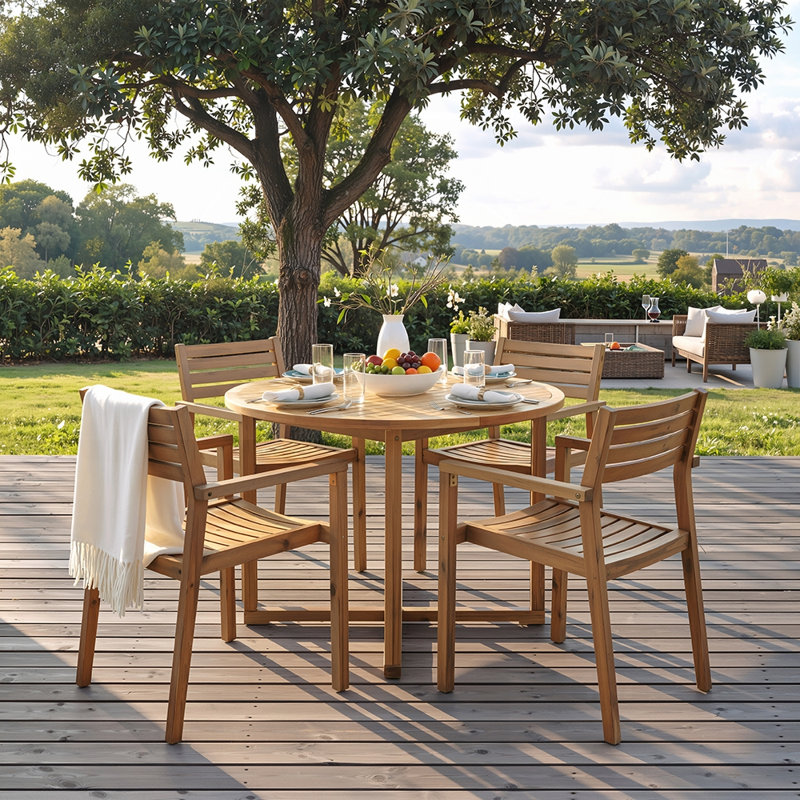 Ensemble repas 5 pièces pour l'extérieur avec 4 chaises en bois d'acacia et table ronde de 47,2 pouces, idéal pour les patios, les jardins, les bords de piscine et l'intérieur
