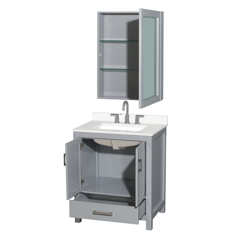 Sheffield 30" Freestanding Single Bathroom Vanity with Quartz Top with Medicine Cabinet, Chrome, Gray, White Quartz