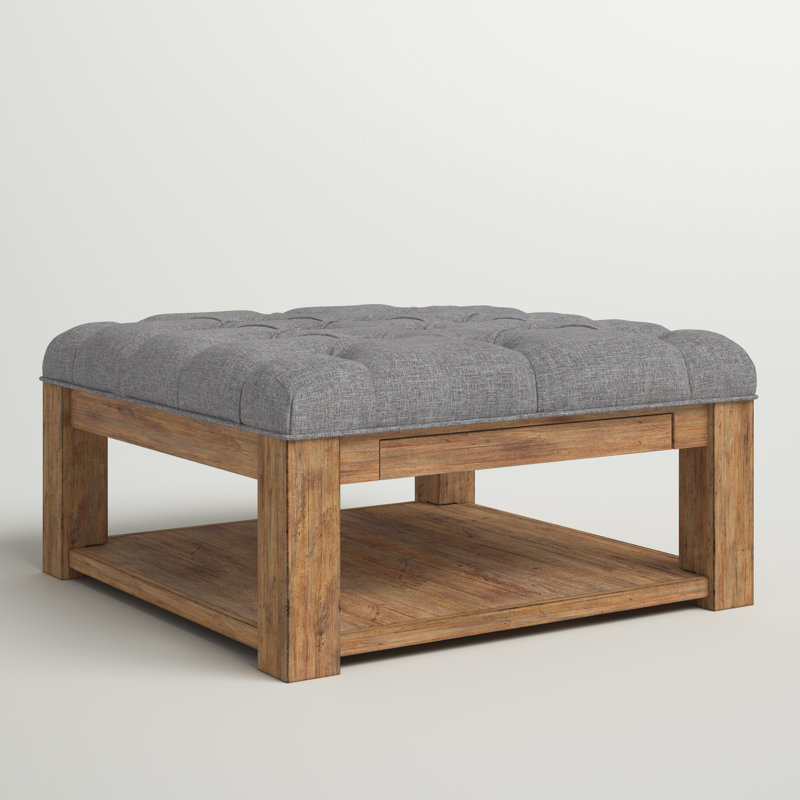 Arthuro Upholstered Ottoman, Natural, Heathered Dark Gray Linen