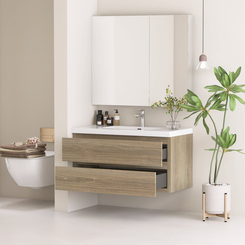 Meuble-lavabo mural 42 po avec lavabo en résine intégré et 2 tiroirs, Gris cendre