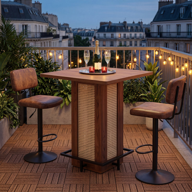 31.5" Square Rattan Bar Height Table, Compact Pub Table With Industrial Metal Footrest For Small Kitchen & Breakfast Nook