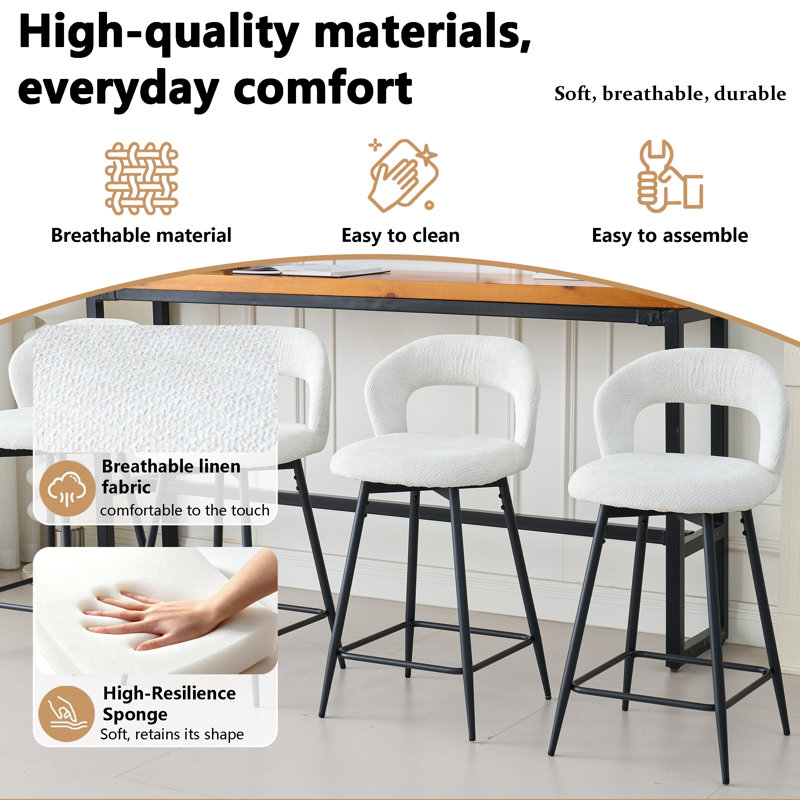 Swivel Upholstered Bar Stool with Iron Frame, White