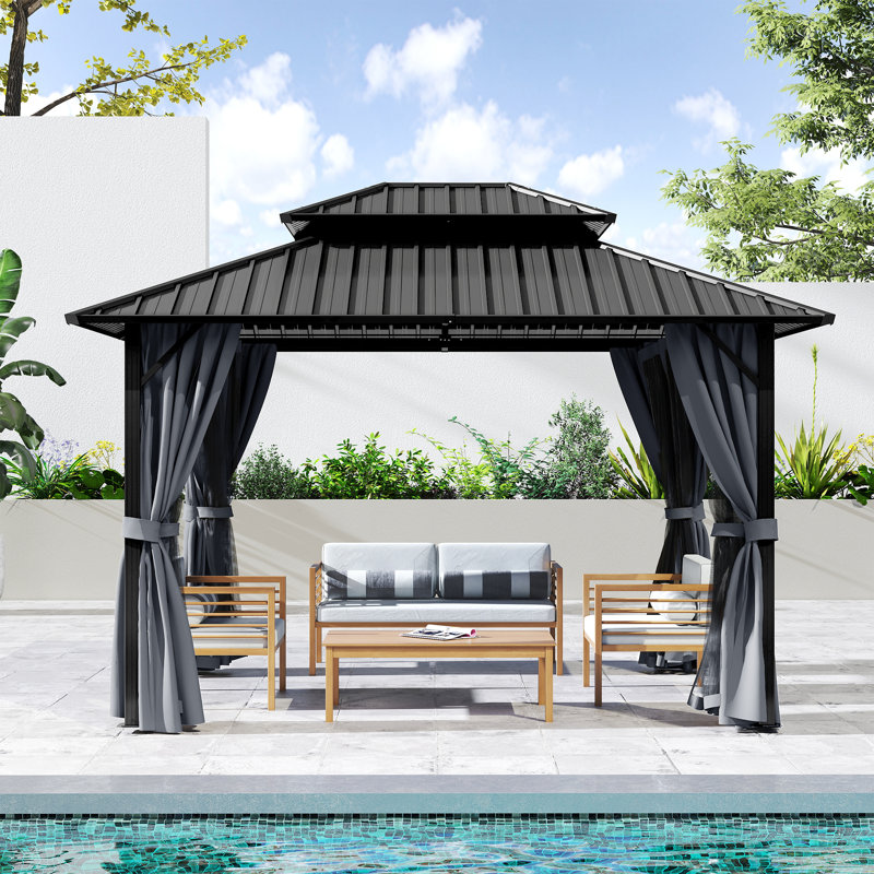 D Double Roof Hardtop Aluminum Patio Gazebo with Netting and Curtains, 77.3" H x 122.4" W x 95.5" D, Gray, Gray