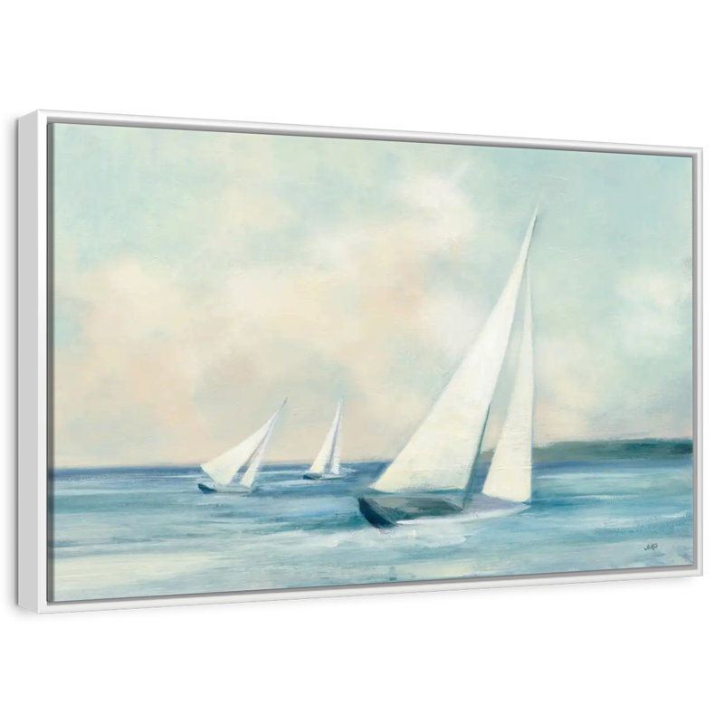 Voiliers au lever du soleil, 25 po x 17 po, Cadre flottant blanc