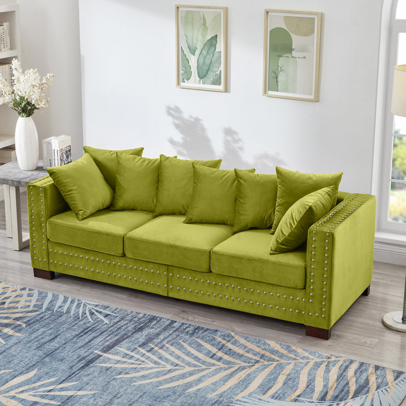 3 sièges, velours, design contemporain, carré, décoration clous argentés, ressorts ensachés, housses de coussin amovibles, structure en bois massif, siège de rangement de style moderne avec accoudoirs et clous,