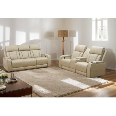 Rea+ Breathing Leather 2-Piece Living Room Recliner Sofa Set With LED,Wireless Charger,Storage Arm by Ivy Bronx