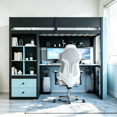 Lit mezzanine Gaming avec garde-robe intégré (tringle à vêtements), bureau d'ordinateur avec éclairage à DEL RVB avec station de charge, casiers de rangement et tiroirs
