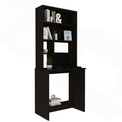 Bureau d'ordinateur noir à 4 tablettes avec rehausse