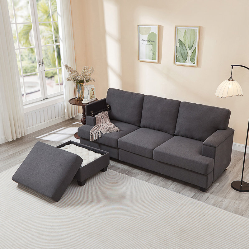 86'' L Shaped Couch With Armrest Organizer,3 Seats Sofas With Movable Ottoman,Comfy Sectional Sofa With Thick Cushion