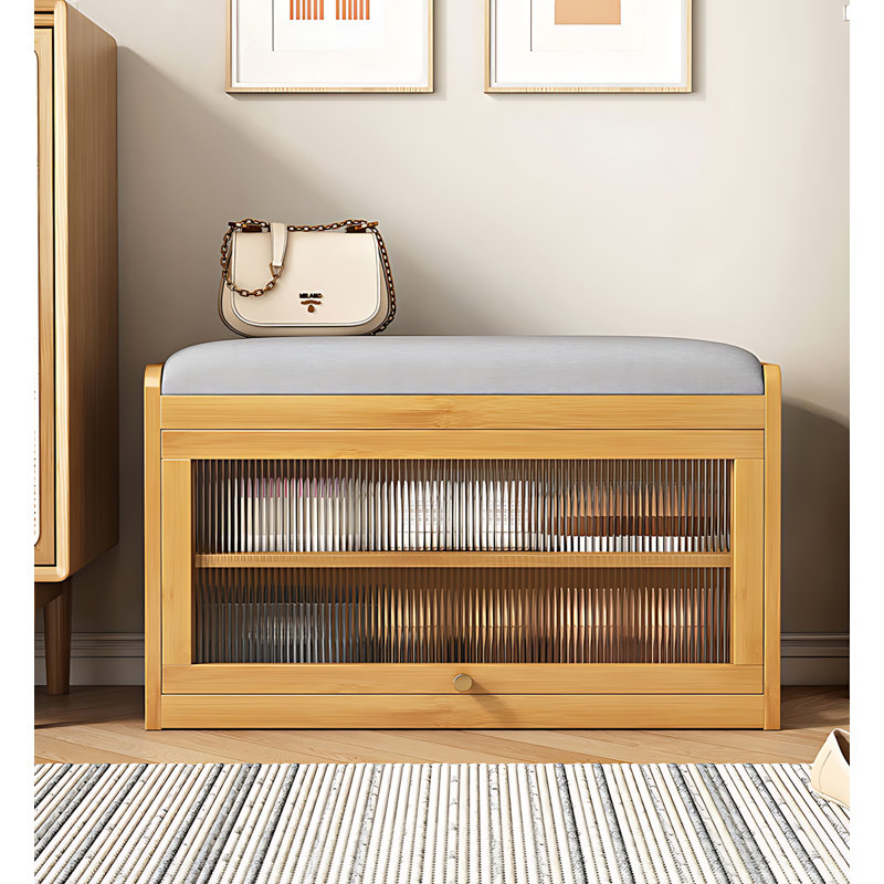 Transparent Flap Door Bamboo Shoe Storage Bench, Tan