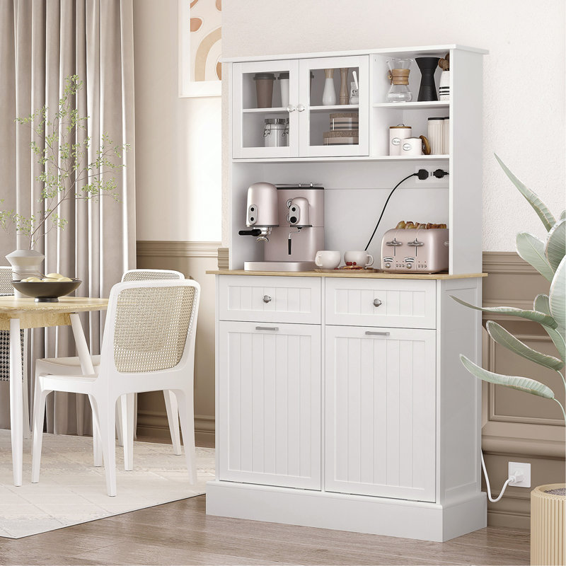 Cabinet 68" Kitchen Pantry Storage With Charging Station, 2 Tilt Out Trash Cabinets And Microwave Stand, Freestanding Kitchen Hutch With Glass Doors And Adjustable Shelf, White