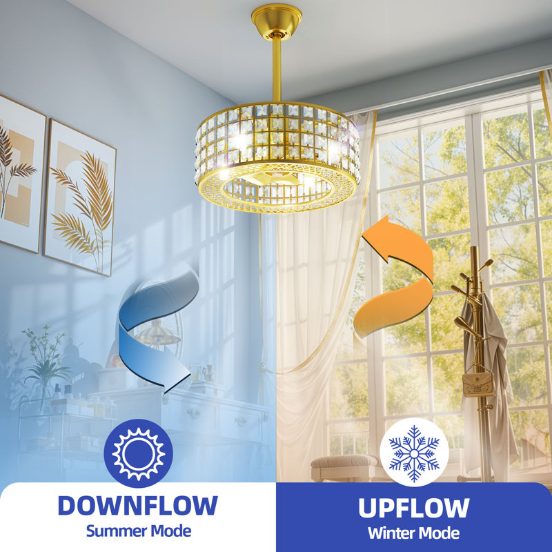 18-Inch Ceiling Fan with Crystal Glass Lampshade and Remote Control, Gold
