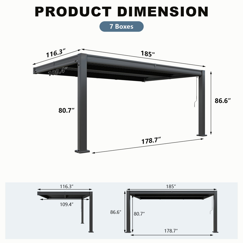 16' x 10' Wall-Mounted Louvered Pergola with Adjustable Aluminum Roof, Outdoor Lean-to Gazebo with Built-in Gutter System, Charcoal Black